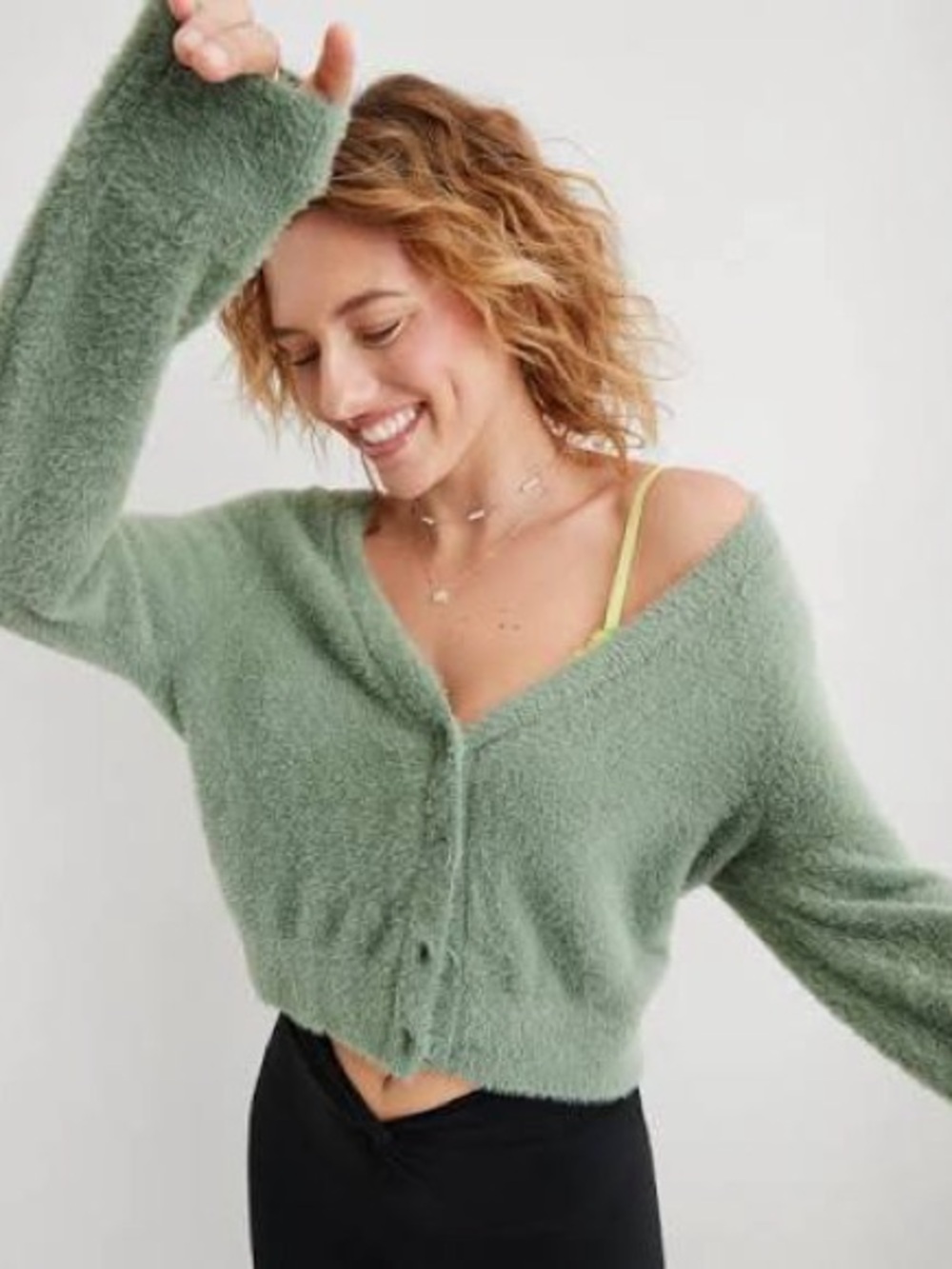 aerie Fuzzy Cropped V-Neck Cardigan in Sage Green